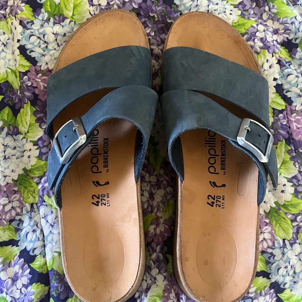 Birkenstock Papillio Navy Blue Leather Slide Sandals